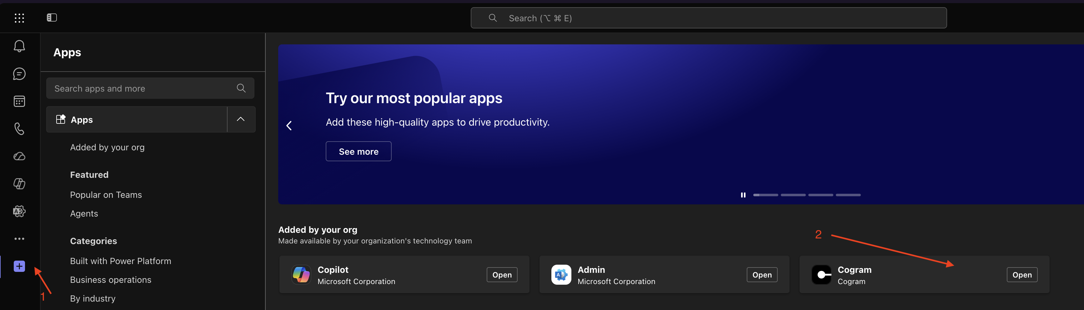 Teams Apps page with the Apps (+) button in the sidebar and the Cogram app under Added by your org