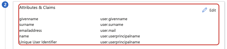 Attributes and Claims card listing givenname, surname, emailaddress, name, and Unique User Identifier with their source attributes