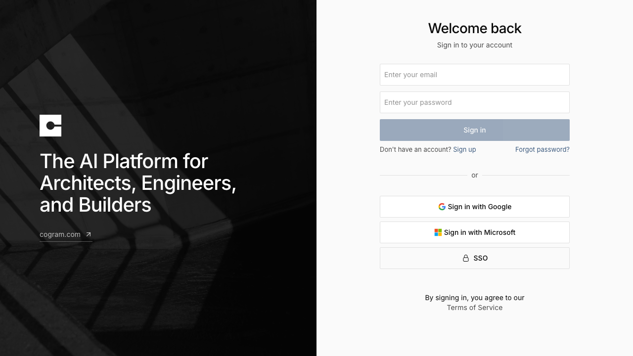 The Cogram sign in page with email and password fields, plus Google, Microsoft, and SSO sign-in options