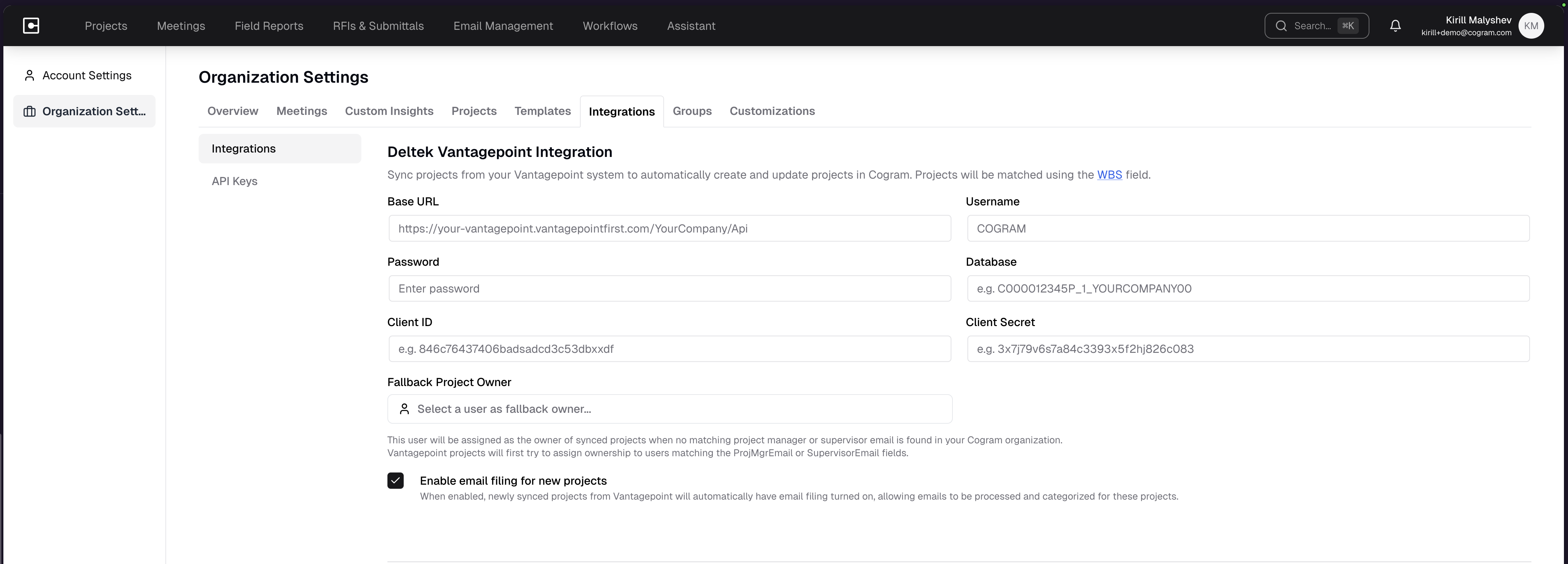 Deltek Vantagepoint Integration form showing Base URL, Username, Password, Database, Client ID, Client Secret fields, a Fallback Project Owner selector, and the Enable email filing for new projects toggle