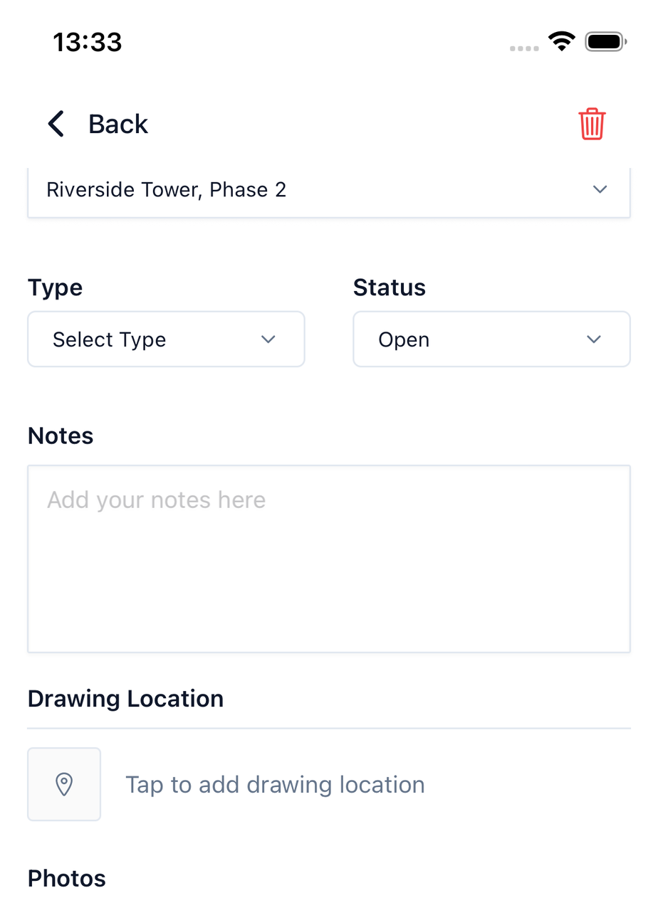 The observation editor with the Type and Status dropdowns, the Notes field, and the Drawing Location section