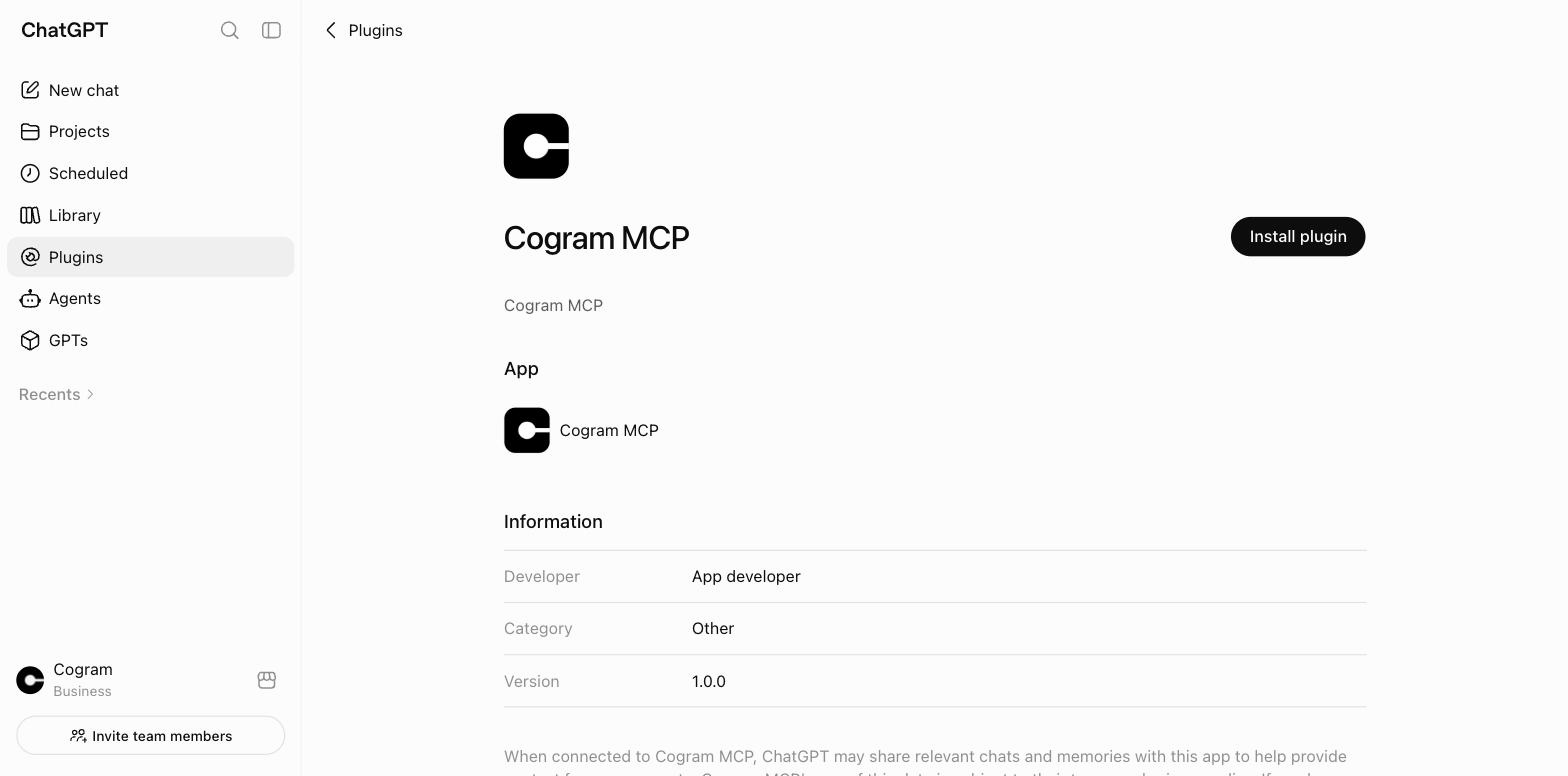 Cogram MCP plugin page in ChatGPT with an Install plugin button
