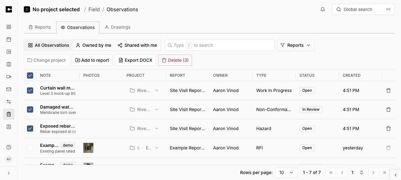The web Observations list with rows selected and the Add to report, Export DOCX, and Delete actions in the toolbar