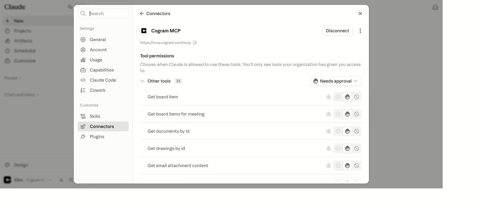 Cogram MCP connector page in claude.ai after connecting, showing tool permissions and a Disconnect button